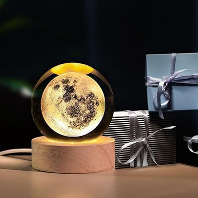 SARTHU 3D Moon Crystal Ball Night Lamp | USB LED Table Lamp with Colorful Wooden Base Night Lamp(5 cm, Transparent)