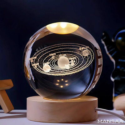 MANSAA 3D Crystal Universe Night Lamp with Wooden Base for Living Room & Table Decor Night Lamp(8 cm, Yellow Universe)