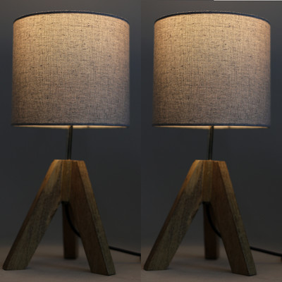 craftter Pack of 2 Tripod Wood Table Lamp 16 Inches Height with Grey Cotton Lamp Shade Table Lamp(40.5 cm, Grey)