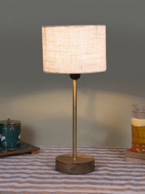 Devansh Drum White Jute Shade With Gold And Natural Wood Base Table Lamp(42.5 cm, White)