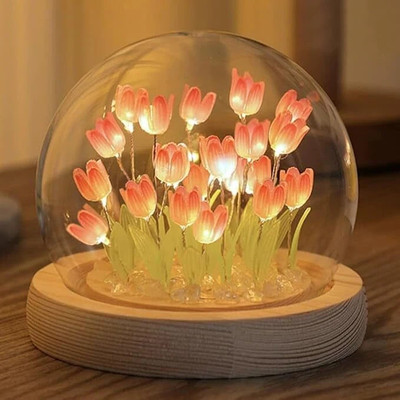 Stadash Tulip Flower Night Light, Handmade LED Decorative Ball Lamp with Wooden Base Night Lamp(12 cm, Clear)