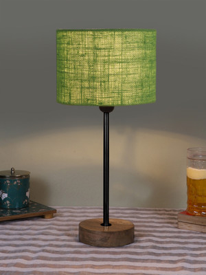 Devansh Drum Green Jute Shade With Black Iron & Natural Wood Base For Decoration Table Lamp(42.545 cm, Green)