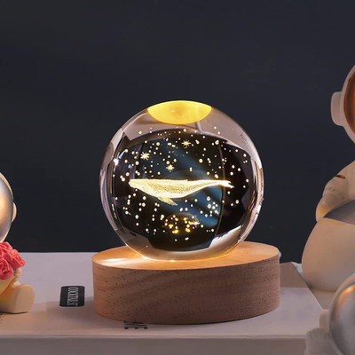 SHOPOGENIX 3D Whale Crystal Ball Night Light for Kids with LED Wooden Light Base Night Lamp Night Lamp(8 cm, Yellow)