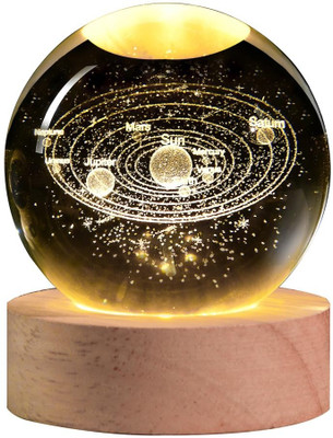 ARDAKI 3D Solar System Crystal Ball LED Night Lamp with Woden Base,Planet Galaxy Design Night Lamp(8 cm, Warm Yellow)