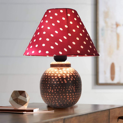 Homesake Rustic Mini Hammered Bronze Table Lamp with Shade Nightstand Lamp Red Dot Table Lamp(36 cm, Red)