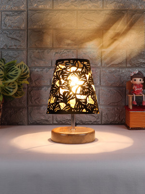 Devansh Metal Etching Table Lamp With Natural Wood Round Base For Home, Offices Table Lamp(20.8 cm, Black)