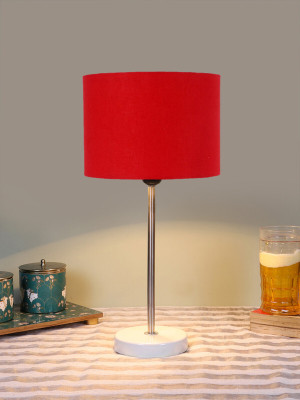 Devansh Drum Red Cotton Shade With Steel And White Wood Base Table Lamp(42.5 cm, Red)