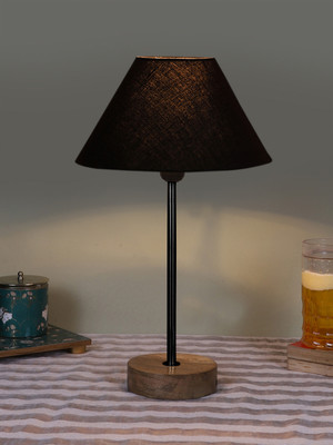 Devansh Conical Cotton Shade Lamp With Black Iron & Natural Wood Base For Decoration Table Lamp(41.91 cm, Black)