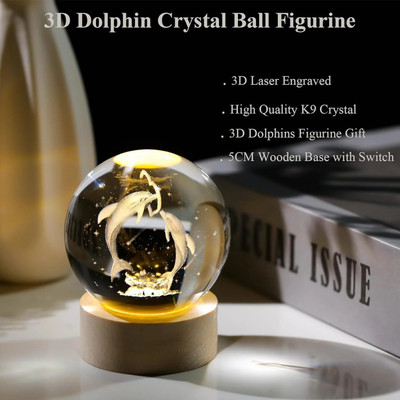 AADGEX 3D Galaxy Crystal Ball Night Light - Dolphin Lamp, USB Powered LED Table Lamp(10 cm, Yellow Color, Heart Dolphins)