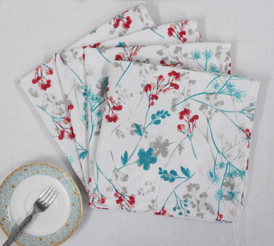COTTON CANDY Linear Floral Aqua & Red Cloth Napkins(4 Sheets)