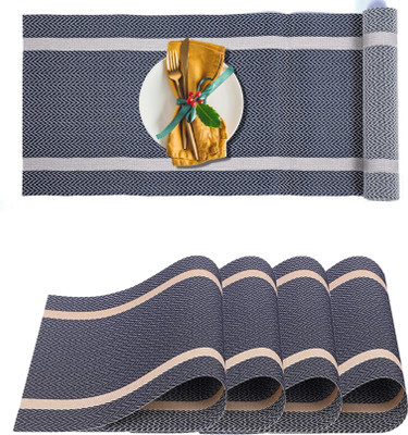 YELONA Rectangular Pack of 5 Table Placemat(Dark Blue, Beige, PVC)