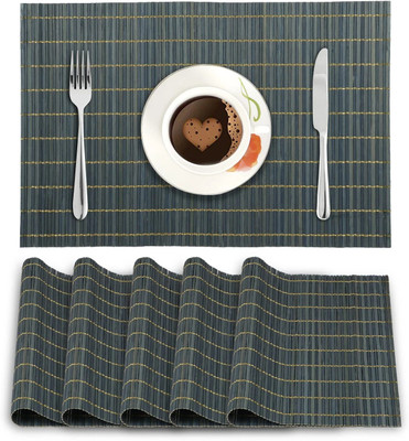 HOKiPO Rectangular Pack of 6 Table Placemat(Blue, Natural Bamboo)