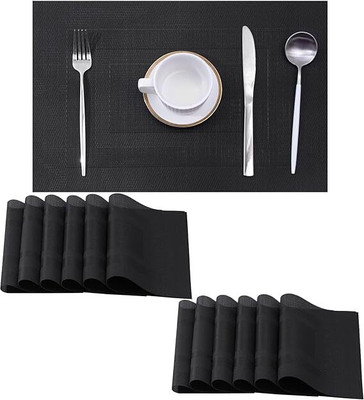 DANSR Rectangular Pack of 12 Table Placemat(Black, Polyester)
