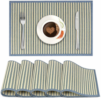 HOKiPO Rectangular Pack of 6 Table Placemat(Blue, Beige, Natural Bamboo)