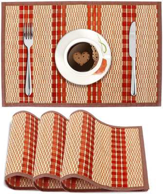 HOKiPO Rectangular Pack of 4 Table Placemat(Red, Natural Bamboo)