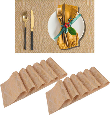 YELONA Rectangular Pack of 12 Table Placemat(Gold, Beige, PVC)