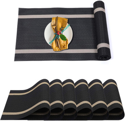 YELONA Rectangular Pack of 7 Table Placemat(Black, Gold, PVC)