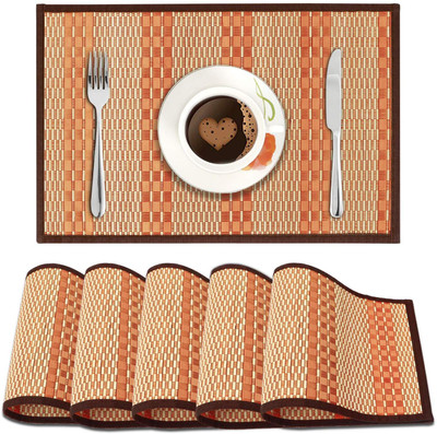 HOKiPO Rectangular Pack of 6 Table Placemat(Orange, Natural Bamboo)