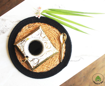 Monstera Hut Round Pack of 1 Table Placemat(Black, Jute)