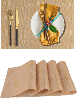 UniKart Rectangular Pack of 4 Table Placemat(Gold, Beige, PVC)