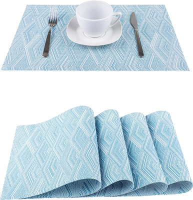 KitchEase Rectangular Pack of 4 Table Placemat(Light Blue, White, PVC)