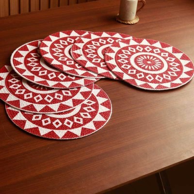 BELLA TRUE Round Pack of 6 Table Placemat(Red, White, Cotton)