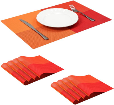 HomeHunt Rectangular Pack of 8 Table Placemat(Orange, Red, PVC)