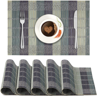 HOKiPO Rectangular Pack of 6 Table Placemat(Blue, Natural Bamboo)