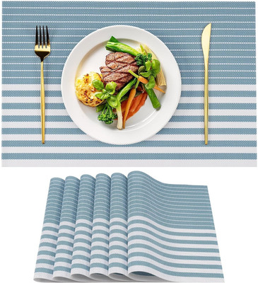Dobzla Rectangular Pack of 6 Table Placemat(Light Blue, White, PVC)