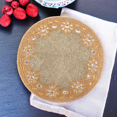 craftsnagri Round Pack of 2 Table Placemat(Gold, Silver, Glass, Polyester)