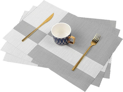 HomeHunt Rectangular Pack of 3 Table Placemat(Grey, White, PVC)