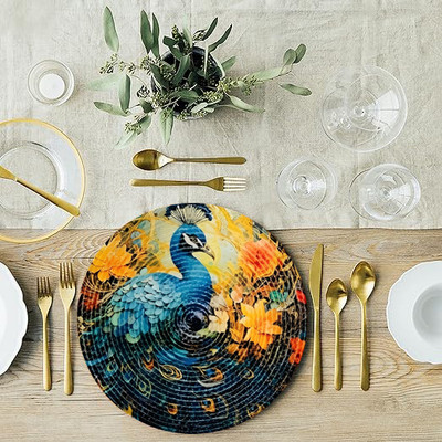 LEAFNEST Round Pack of 1 Table Placemat(Blue, Jute)