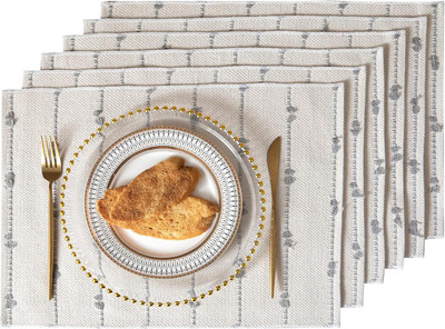 ALSTONIA Rectangular Pack of 6 Table Placemat(Grey, White, Cotton)