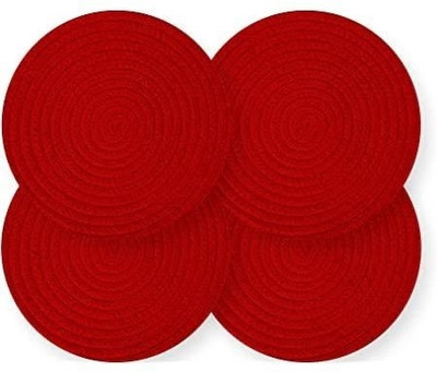 DKDECORATIVE Round Pack of 4 Table Placemat(Red, Cotton)