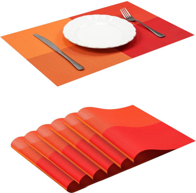 HomeHunt Rectangular Pack of 6 Table Placemat(Orange, Red, PVC)