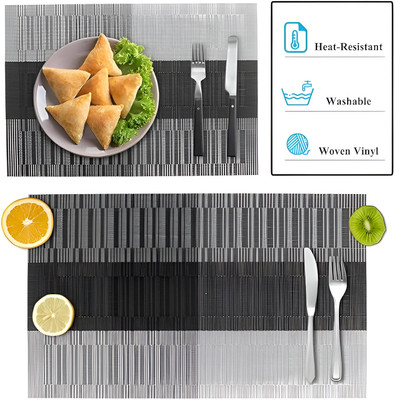 Glitzn Rectangular Pack of 6 Table Placemat(Grey, Black, PVC)