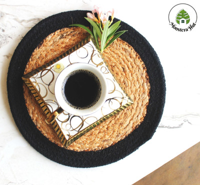Monstera Hut Round Pack of 1 Table Placemat(Black, Jute)