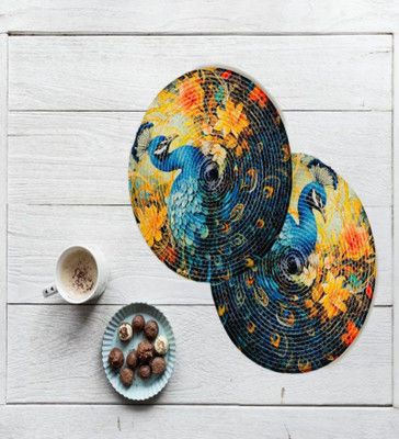 VoiDrop Round Pack of 2 Table Placemat(Blue, Yellow, Jute)