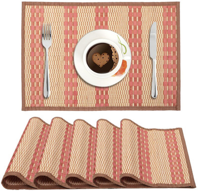 HOKiPO Rectangular Pack of 6 Table Placemat(Peach, Natural Bamboo)