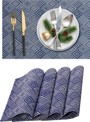 Daidokoro Rectangular Pack of 4 Table Placemat(Blue, White, PVC)