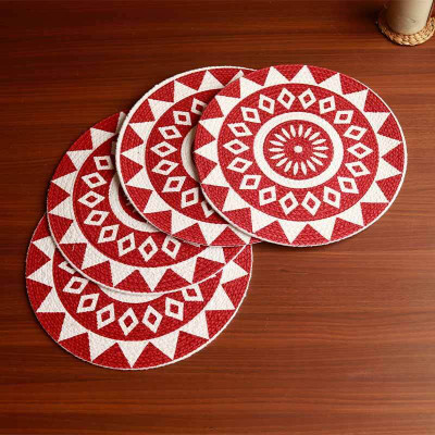 BELLA TRUE Round Pack of 4 Table Placemat(Red, White, Cotton)