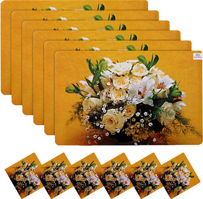 Heart Home Rectangular Pack of 12 Table Placemat(Yellow, PVC)