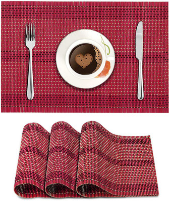 HOKiPO Rectangular Pack of 4 Table Placemat(Red, Natural Bamboo)