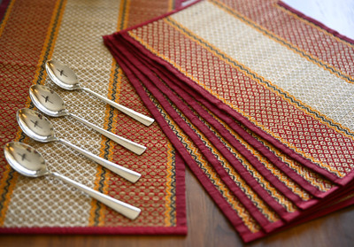 SHILP KATHA Rectangular Pack of 7 Table Placemat(Maroon, White, River Grass)
