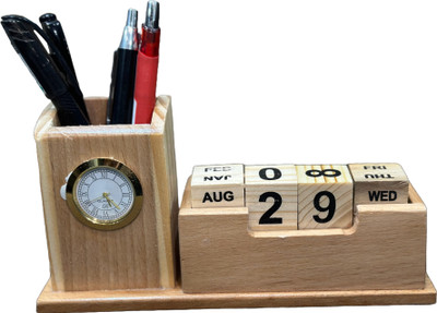 ZN ENTERPRISES 3 Compartments Wooden Pen & Pencil Stand With Clock(Brown)