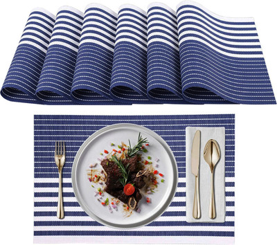 KitchEase Rectangular Pack of 6 Table Placemat(White, Blue, PVC)