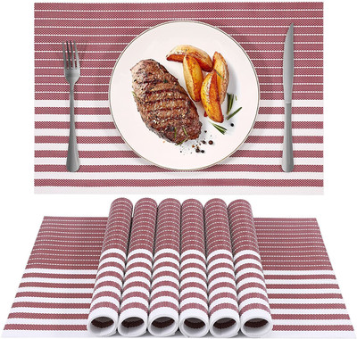 KitchEase Rectangular Pack of 6 Table Placemat(Maroon, White, PVC)