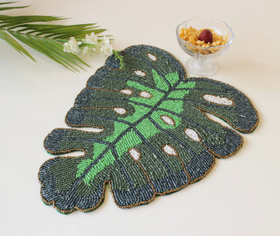 Monstera Hut Oval Pack of 1 Table Placemat(Green, Cotton)