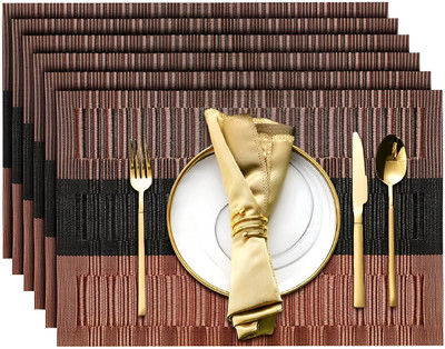Glitzn Rectangular Pack of 6 Table Placemat(Black, Brown, PVC)