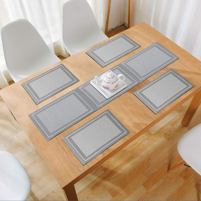 HOKiPO Rectangular Pack of 5 Table Placemat(Silver, PVC)